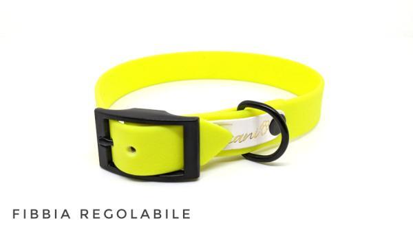 collare cane fibbia regolabile colore giallo fluo con minuterie nero dark fronte fibbia in zinco pressofuso toscani store