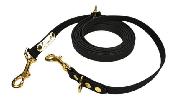 guinzaglio Qui nero dark moschettoni oro ottone regolabile al centimetro ideati da toscani store per cani addestramento hiking e passeggiate