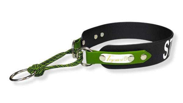 collare working dog utilità vista laterale su chiusura a semi scorrimento martingala in acciaio resistente alla ruggine colore verde tan per cani da lavoro o difesa toscani store