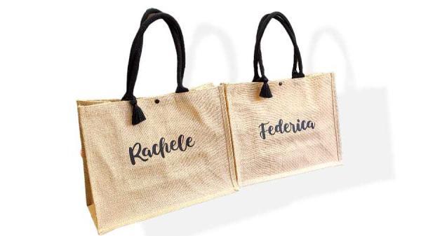 borsa in juta estiva con maniglie in cotone personalizzata con stampa del nome rachele federica chiusura toscani store