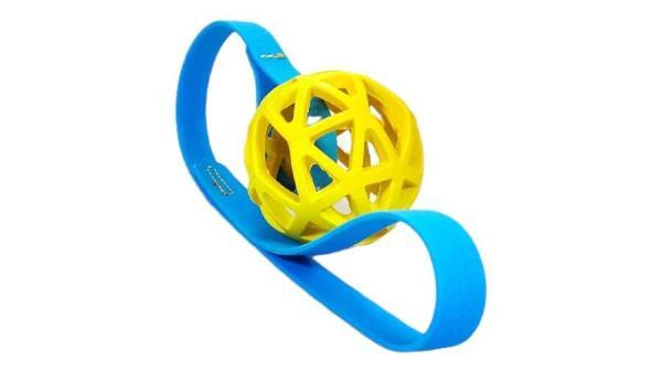 palla retata da 7cm gioco per cani da lanciare o per contesa in gomma morbida ed elastica palla gialla e fettuccia waterproof azzurro cielo toscani