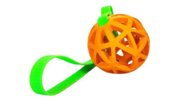 palla retata da 9cm gioco per cani da lanciare o per contesa in gomma morbida ed elastica palla arancio e fettuccia waterproof verde fluo toscani