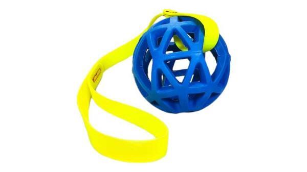 palla retata da 9cm gioco per cani da lanciare o per contesa in gomma morbida ed elastica palla blu e fettuccia waterproof gialla fluo toscani
