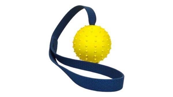 palla riccio da 7cm gioco per cani da lanciare o per contesa in gomma solida e resistente palla gialla e fettuccia waterproof ottanio toscani