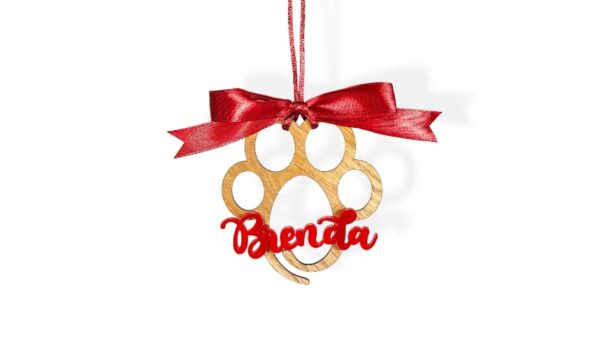 addobbo di Natale personalizzato con zampa di legno per Cane Gatto con nome Brenda plexyglass toscani store