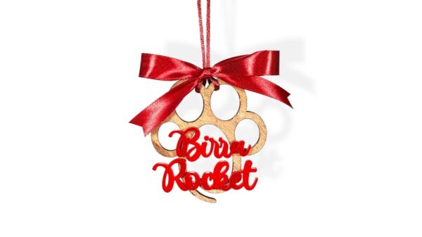 addobbo di Natale personalizzato con zampa di legno per Cane Gatto con nomi Rocket e Birra plexyglass toscani store