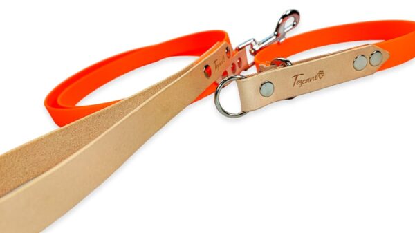 Collare e guinzaglio per cane in cuoio e fettuccia waterproof pvc modello retriever genuina e arancio ottone toscani store