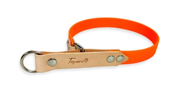 Collare per cane in cuoio e fettuccia waterproof pvc modello retriever genuina e arancio ottone v1 toscani store