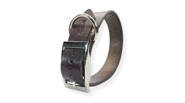 collare per cane cuoio tabacco da 3cm modello fibbia regolabile per cani di grande taglia vista frontale chiuso verticale toscani store
