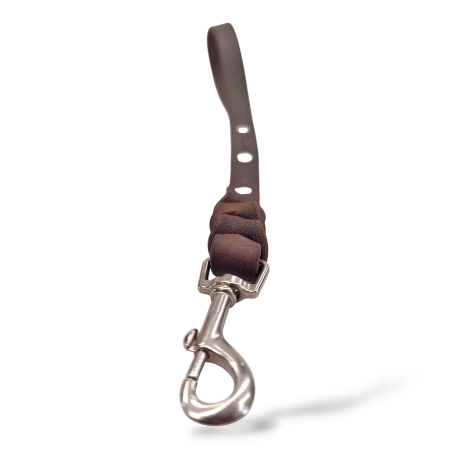 maniglione in cuoio tabacco da 40 cm per cani di grande taglia con minuteria acciaio toscani store vista frontale
