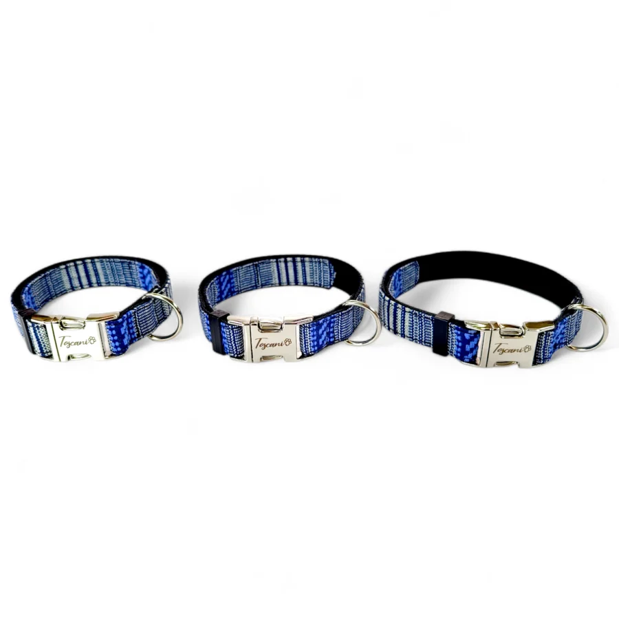 3 Collari per cane Era regolabile 25 30 e 35 cm con fantasia etnica blu clip full metal sicura largo 2cm toscani store fronte