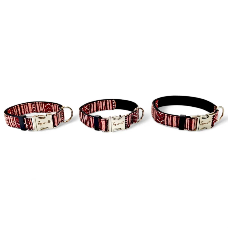 3 Collari per cane Era regolabile 25 30 e 35 cm con fantasia etnica ciliegia clip full metal sicura largo 2cm toscani store fronte