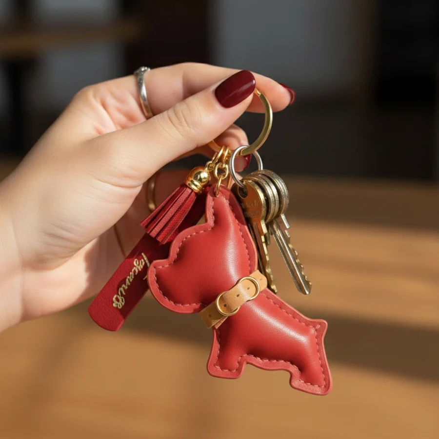 portachiavi chic con cagnolino e nappa eco pelle rosso vino con mano di donna toscani store