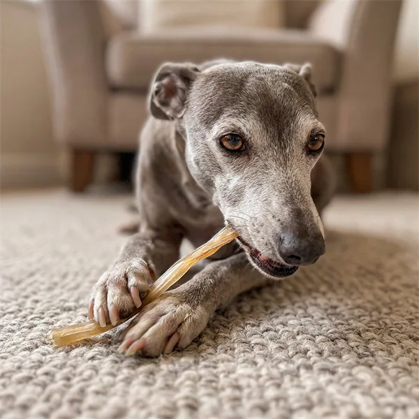 whippet che mastica un tendine di manzo
